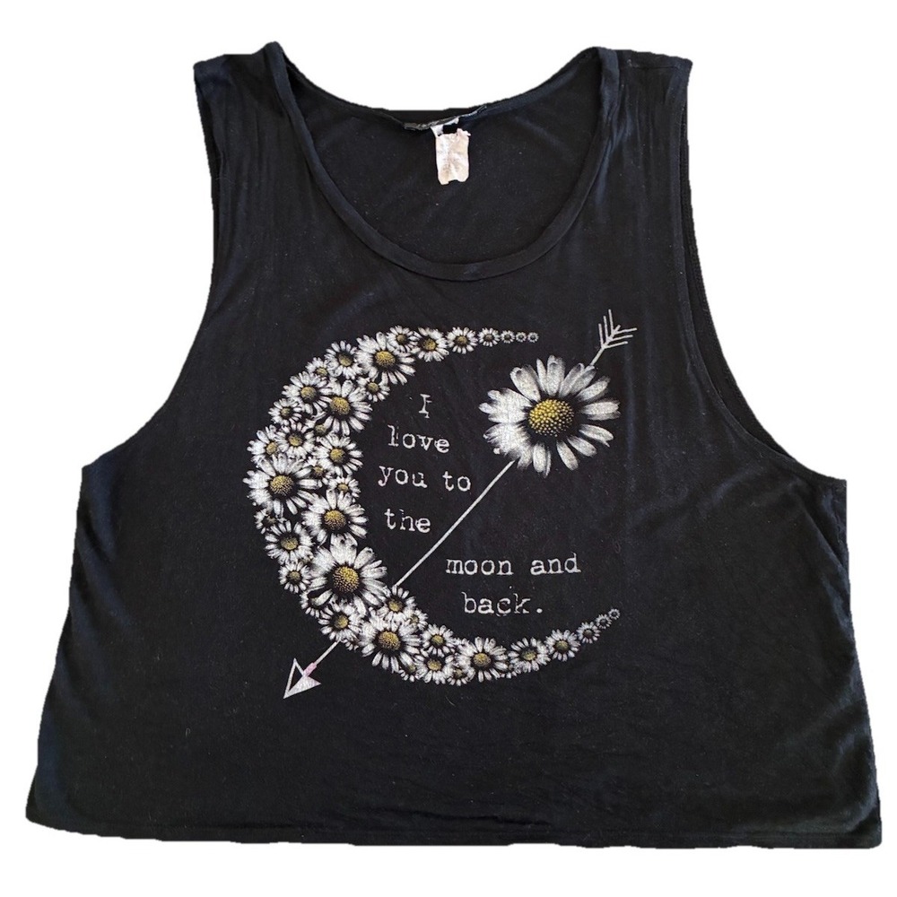 King & Saints Top Women's L Black Moon And Back Daisies Crop Made In USA Vtg Y2K